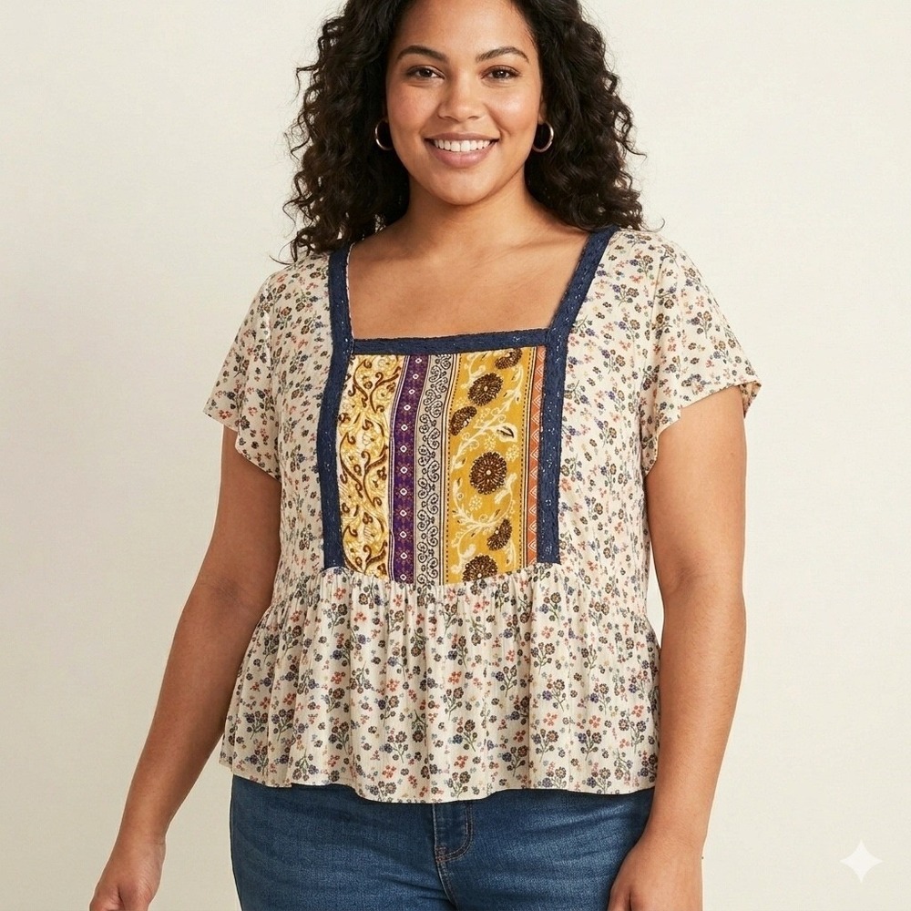Womens Boho Mixed Print Floral Babydoll Top Cream Navy XXL Maurices Cottagecore
